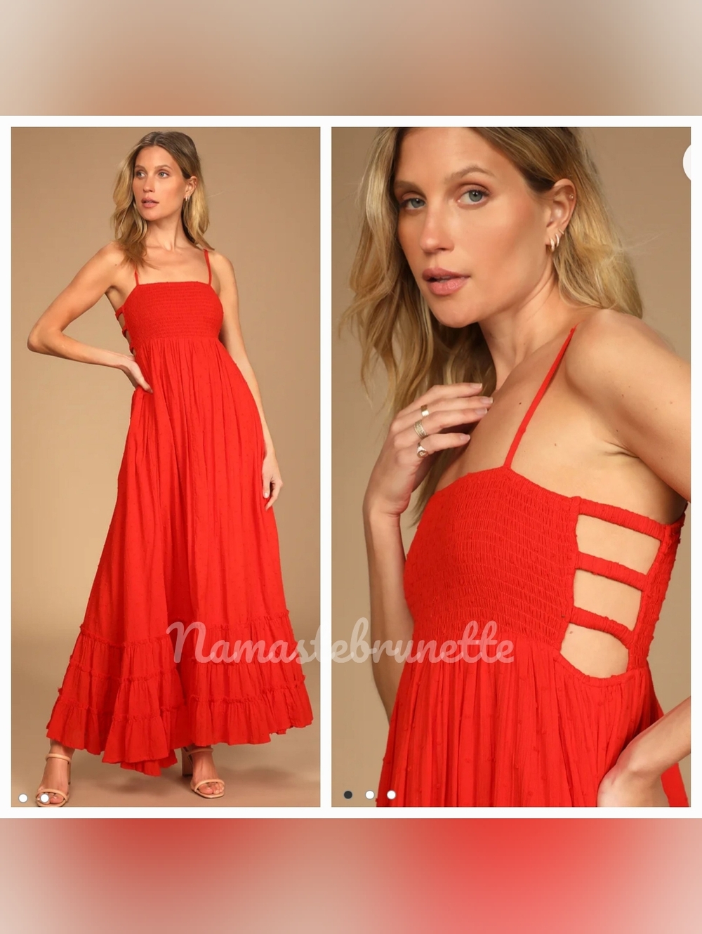 Nwt Lulu's Red Swiss Dot Smocked Cutout Tiered Maxi Dress